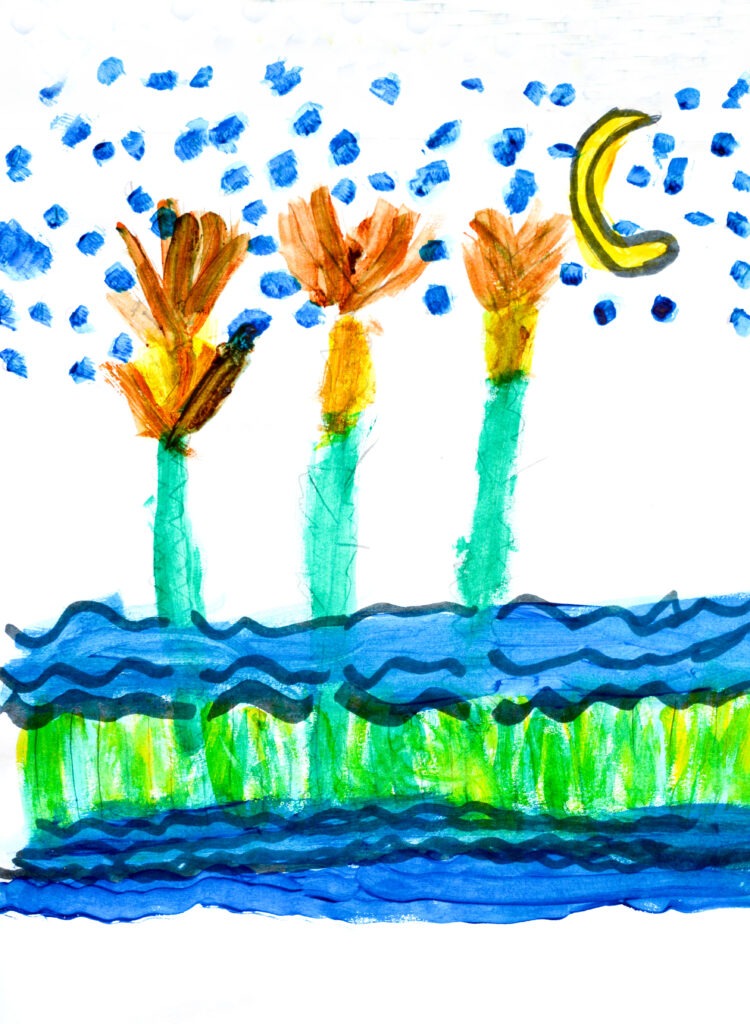A Drawing of Colorful Flowers With a Bright Moon